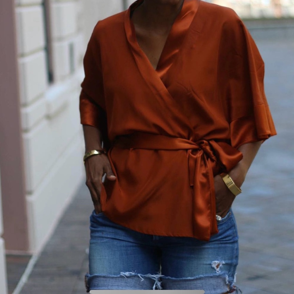 Elegant Satin Wrap Blouse in Burnt Orange